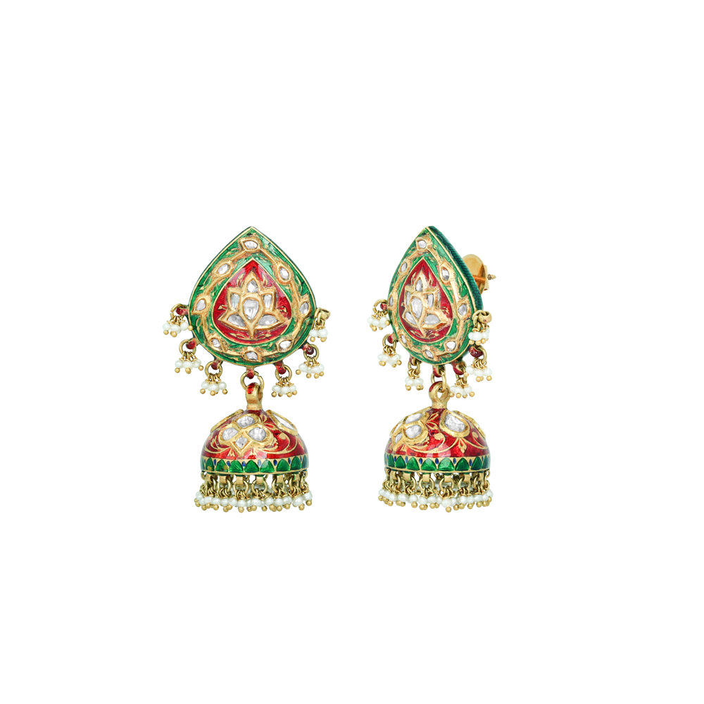 Teardrop Polki Jhumkas with Green-Red Enamel and Pearl Clusters